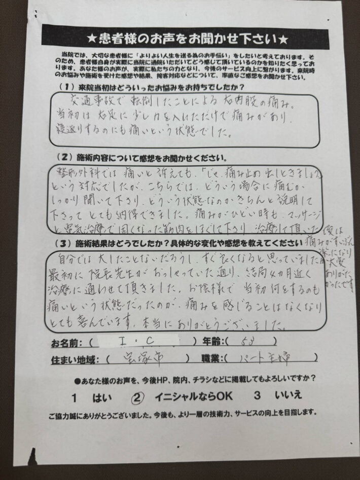 I.C様　53歳　宝塚市　パート、主婦　右股関節捻挫